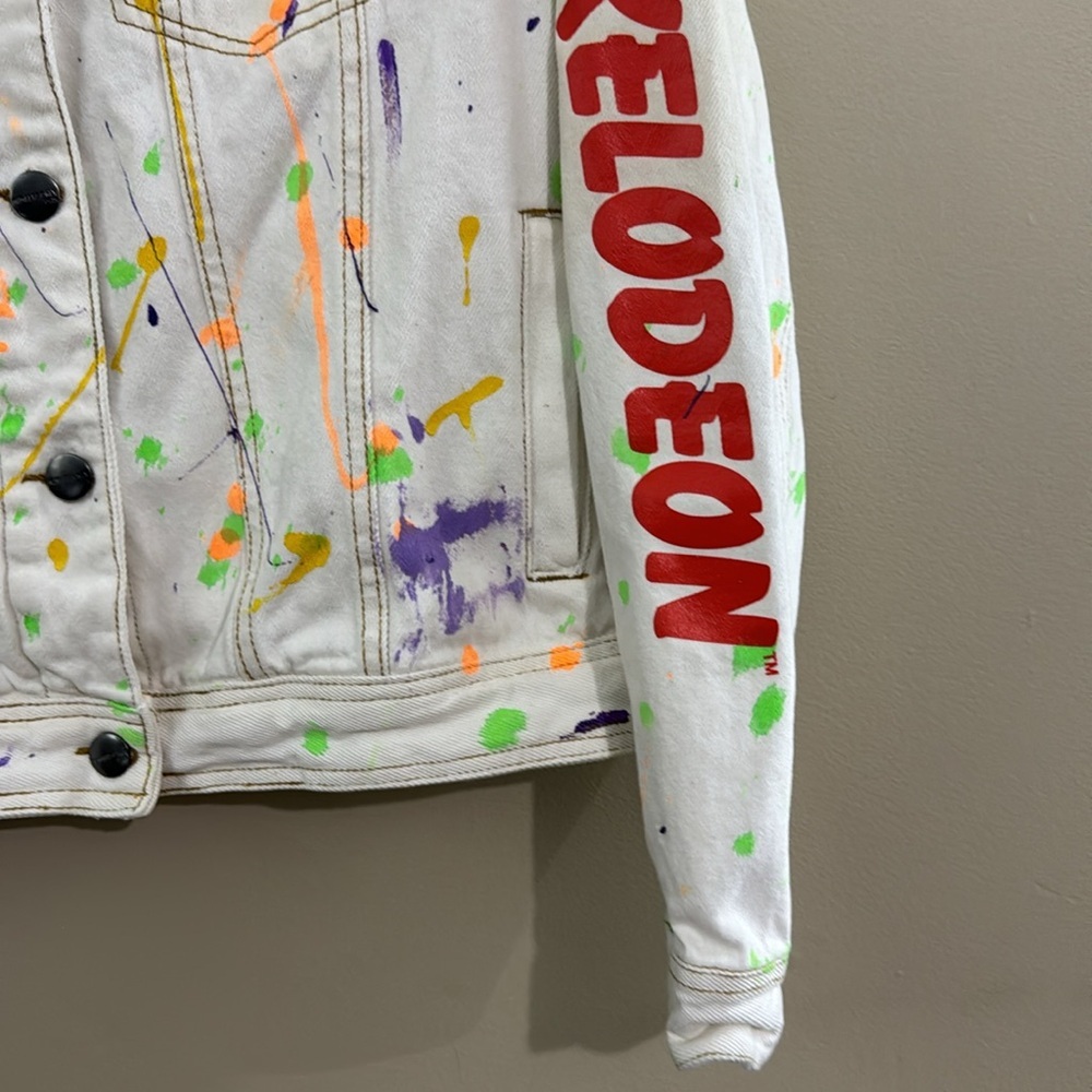 NICKELODEON Rugrats Reptar Bar White Jean Jacket Paint Splatter - Picture 9 of 11